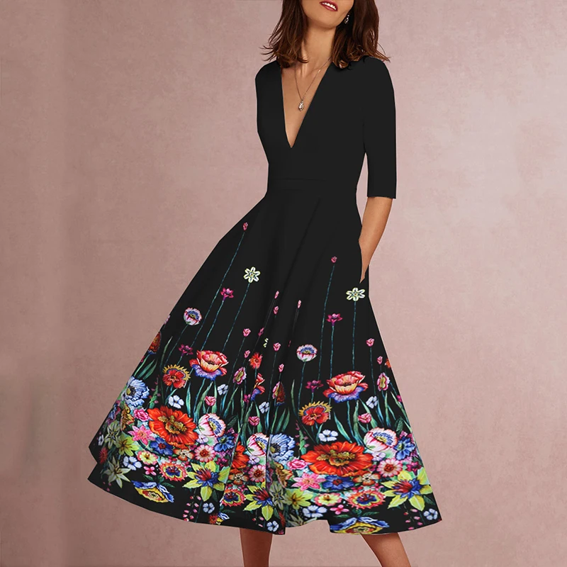 

Women Vintage dress Long elegant Dresses Cocktail Ladies Party a-line pockets mid-calf Swing Dress
