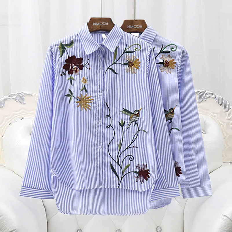 

Anasunmoon Women Striped Long Sleeves Floral Embroidery Blouse Turn Down Collar ShirtDress Camisa bordada Blusa feminino