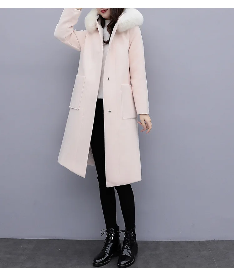 Офисная Леди Твердые Длинные шерстяные зимние пальто покрытые пуговицами шерстяное пальто и куртка с капюшоном тонкие женские пальто