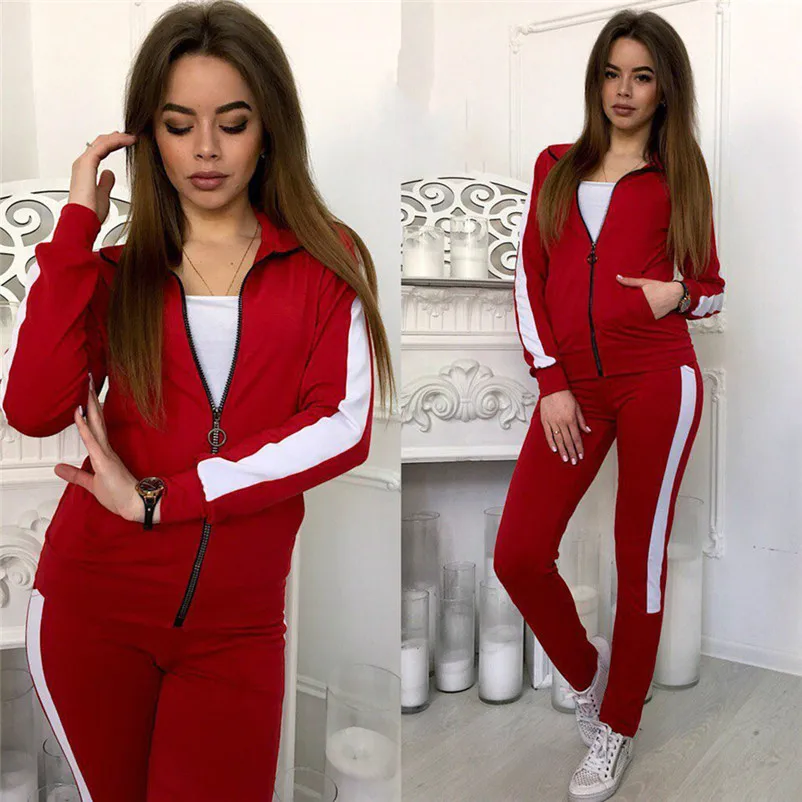 Fashion tracksuit for women 2018 women's Casual Stripe Long Sleeve Zipper Pullove Sport Tops+Long Pants Set chandal mujer N30 (2)