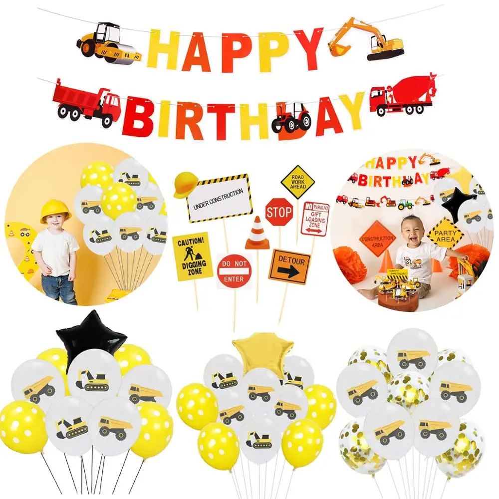 

HUIRAN Construction Truck Balloons Cars 1 One Year First Birthday Boy Balloon Baby Shower Boy Balloons Babyshower Baloon Ballon