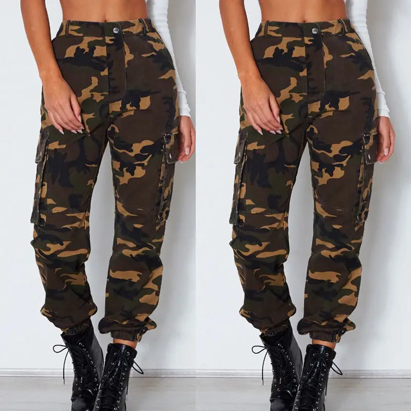 Fashion Women Camo Cargo Trousers High 