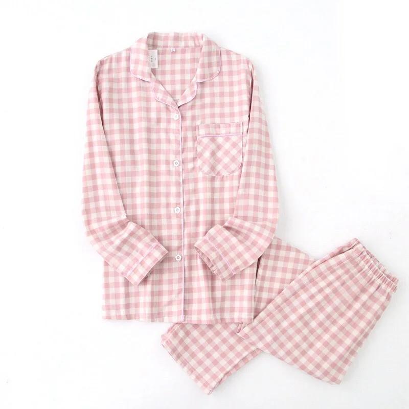 Goede Liefhebbers Lente Nieuwe Pyjama Set Plaid 100% Gaas Katoen Mannen En vrouwen Paar Nachtkleding Turn Down Kraag Huishouden dragen Vrijetijdskleding