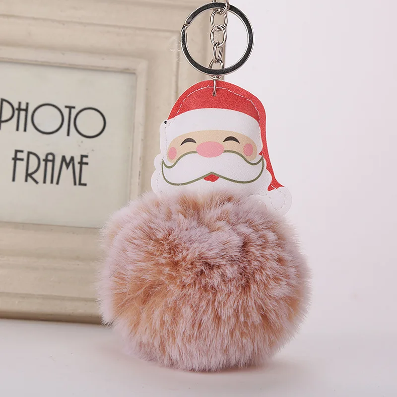 

Santa Claus Cute keychain Pendant Women Key Ring Holder Father Christmas Gift PU Pom pom Car Artificial Rabbit Fur