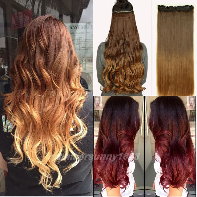 113/113 inches 13/13 Full Head Clip in Hair Extensions Ombre Dip Dye ...