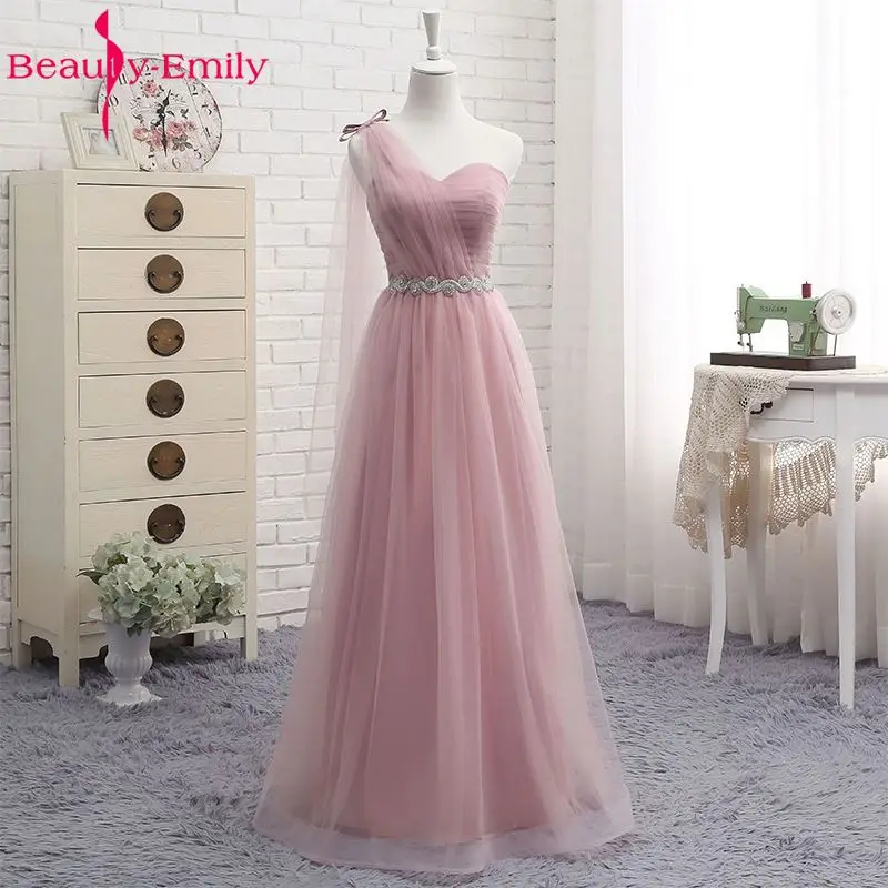 Pink V-neck Tulle Floor Length Bridesmaid Dress
