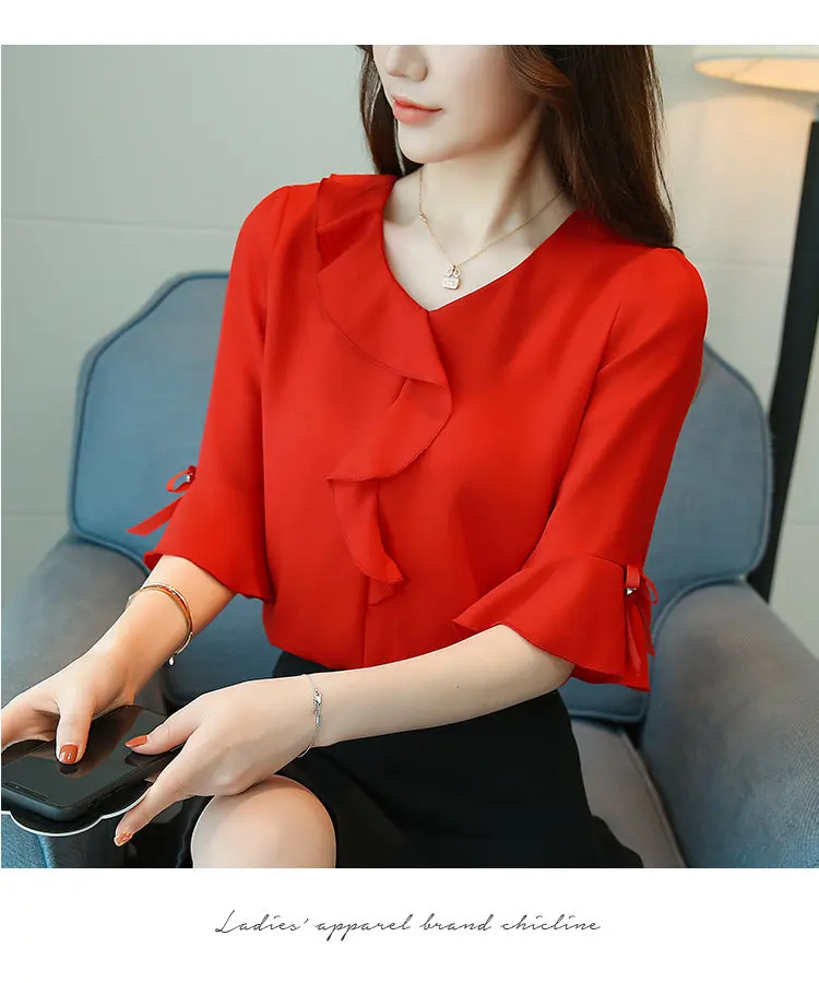 Chiffon Blusas Mujer 2018 Moda Women Blouses Summer Flare Sleeve Ruffle Shirts Femme Fashion Office Plus Size Tops Ladies S-3XL (5)