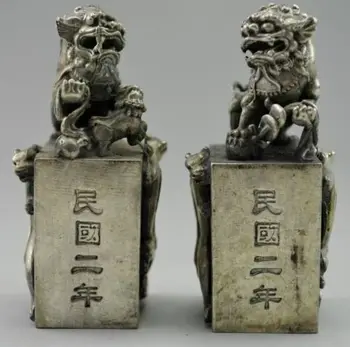 

Chinese fengshui White Copper Evil Animal Fu Foo Dog Lion Pair Seal Statue