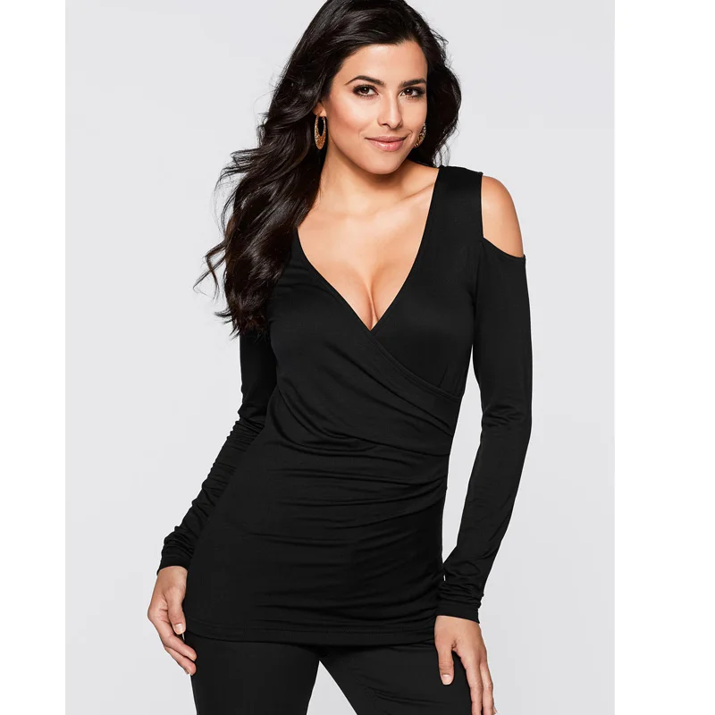 Womens Autumn Black Sexy Tight T shirt Cut out Open Cold Shoulder long