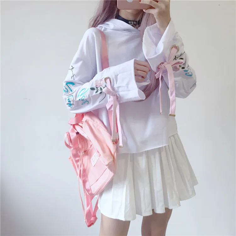 Harajuku толстовки для женщин милый галстук бабочка Роза буквы вышивка короткий