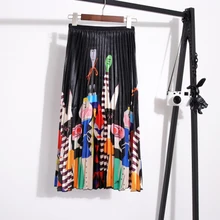 Сезон весна-лето; женские плиссированные юбки; роскошные женские юбки до середины голени с принтом из мультфильмов и эластичной резинкой на талии; роскошные женские миди юбки