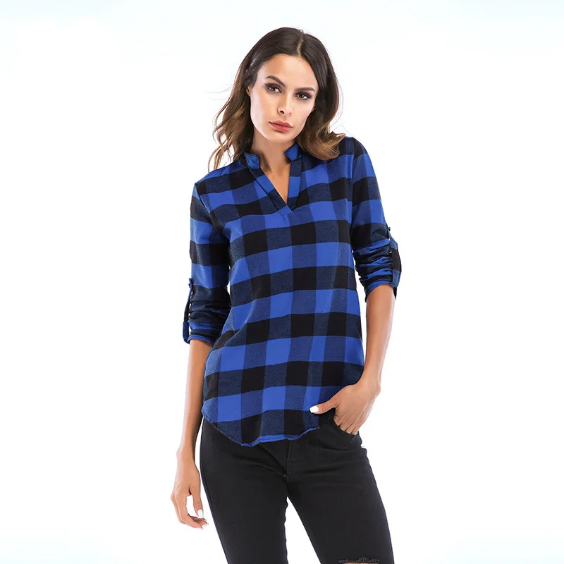 Plaid Shirts Women'S Tunics Large Sizes Plaid Blouse Female Office Work Wear Long Tops Plus Size 6Xl Long Sleeve Tunic N278 Z42