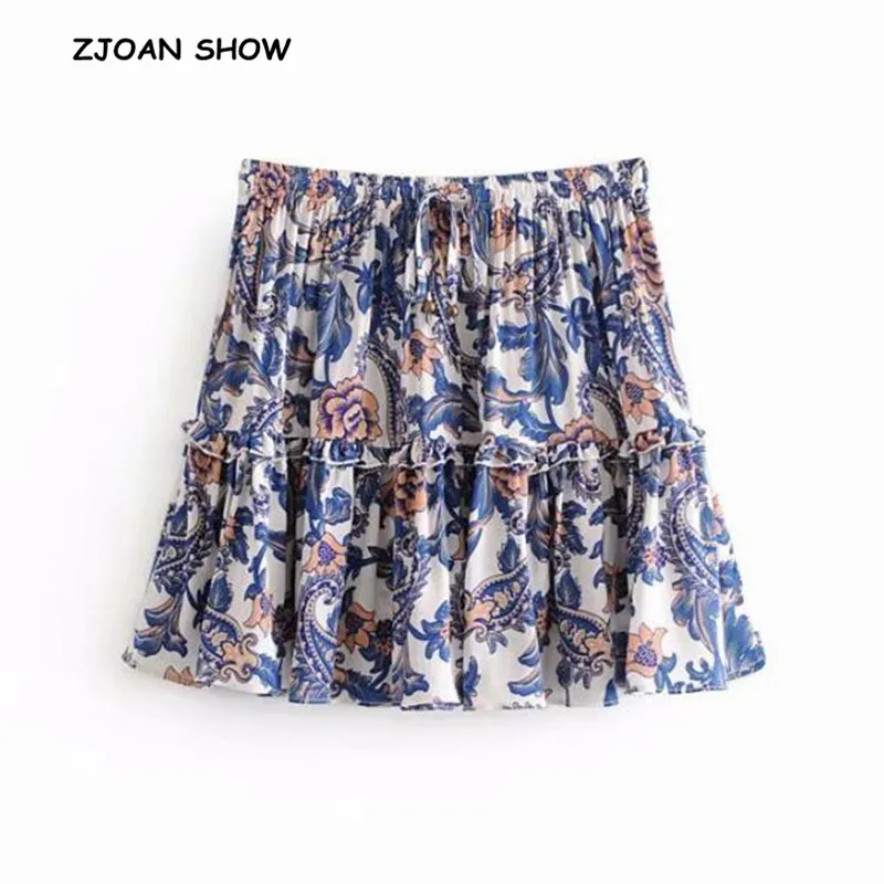 

Bohemian Paisley floral Print Spliced Wood ears Ruffles Mini Short Skirt Ethnic Woman Bow Tied Elastic Waist Swing A line Skirts