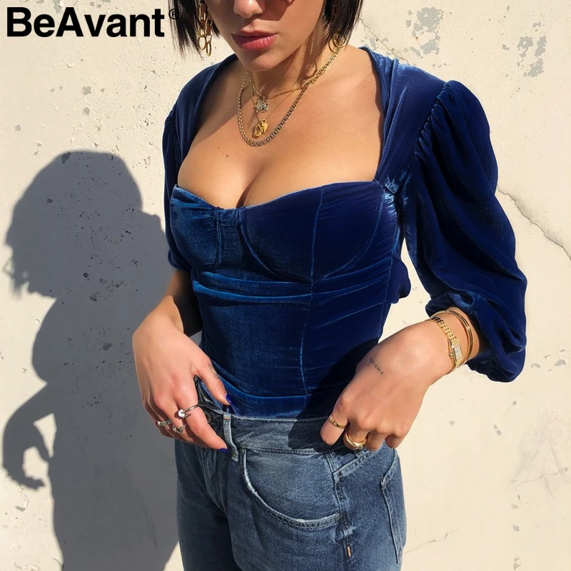 

BeAvant Vintage long sleeve bodysuit sexy Square collar skinny velvet women bodysuit 2018 Winter fitness short jumpsuit romper