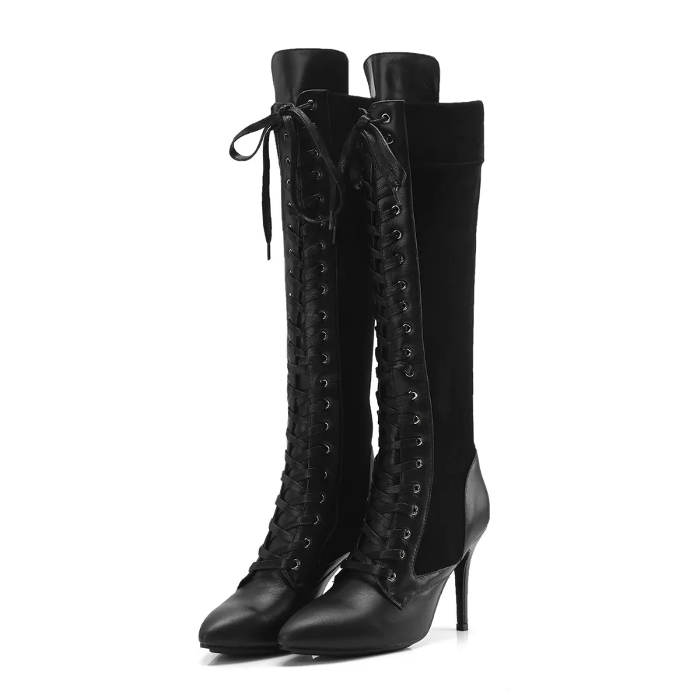 10 Arden Altas Otoño Rodilla Altos Black Grande Gris Tacones Genuino Cm Atada Tamaño Botas 2018 Furtado Primavera gris Señoras De Cuero Cruz SYvrqPYWF