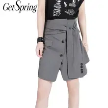 GETSRING женские юбки короткая стандартная юбка поддельные две повязка с высокой талией Асимметричная черная юбка Женские однотонные летние юбки