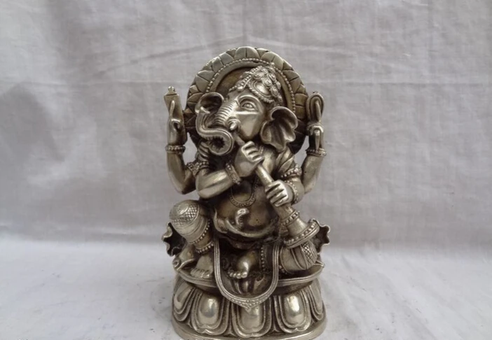 

S4256 Chinese Silver Buddhism Tibet 4 Hand Ganapati Ganesh Lord Ganesha Buddha Statue D0317