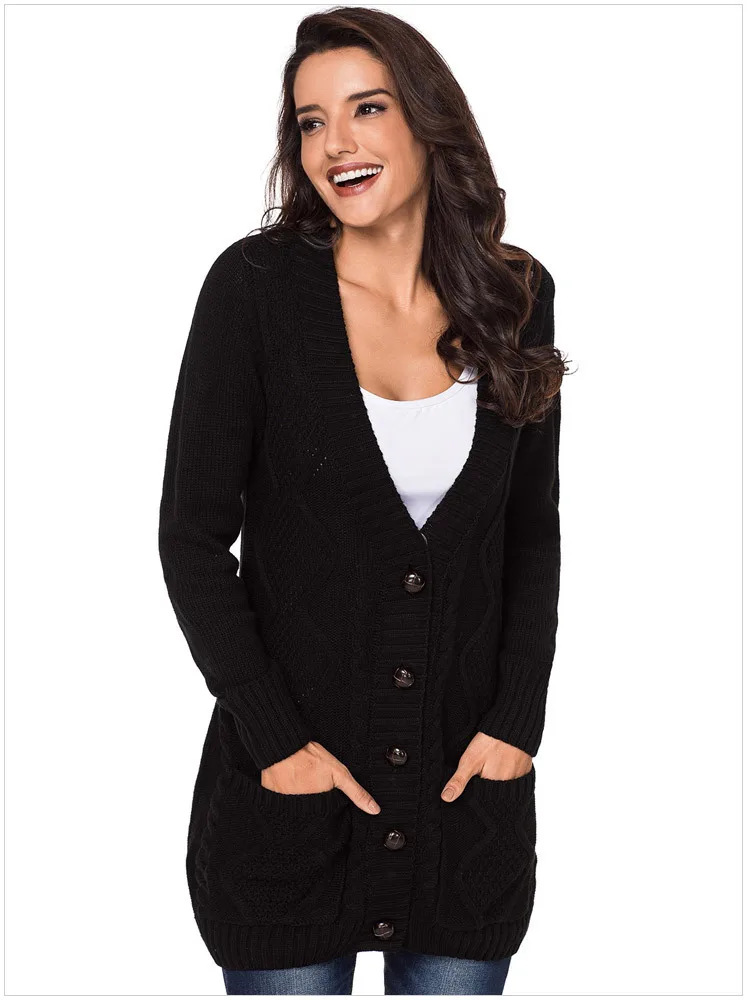 Модный осенне-зимний теплый женский трикотажный свитер открытый карман на пуговицах вязаный кардиган Свободное пальто верхняя одежда женская трикотажная куртка
