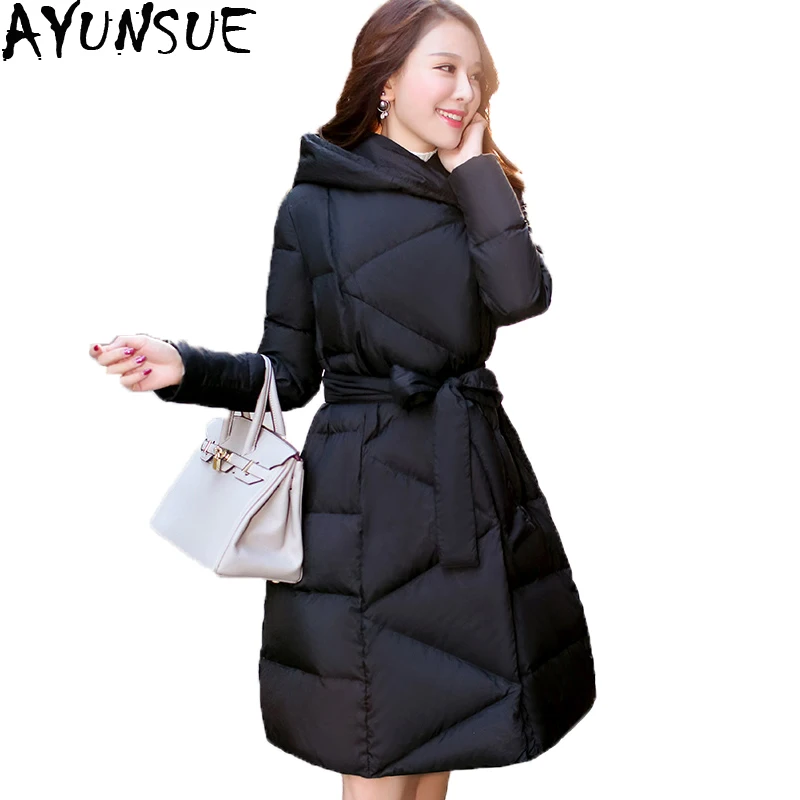

AYUNSUE Winter Down Jacket 2018 Women's Long Down Jackets Waterproof Thick Black Grey White Duck Down Coat Hoody Doudoune ST582
