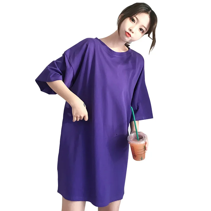 

ZXQJ Summer 2019 new solid color round neck T-shirt women's long Korean version of short sleeve loose size half sleeve clothes