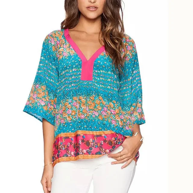 Top Design Vintage Retro Printed font b Blouses b font 5 8 Sleeve V Neck font
