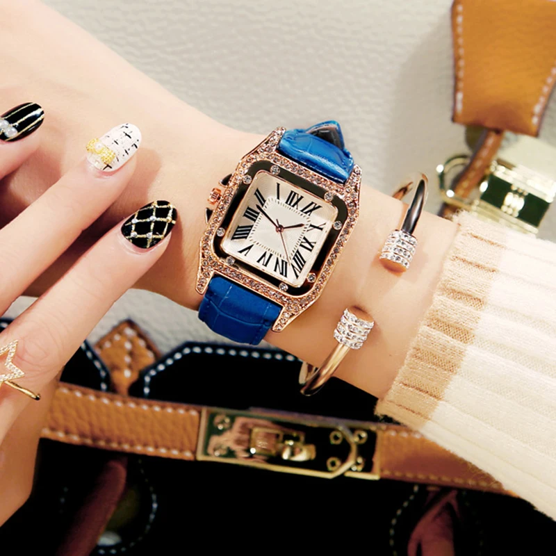 Модные винтажный бриллиантовый квадратный дамы браслет часы женские роскошные наручные кожаный ремешок кварцевые наручные часы, горячая