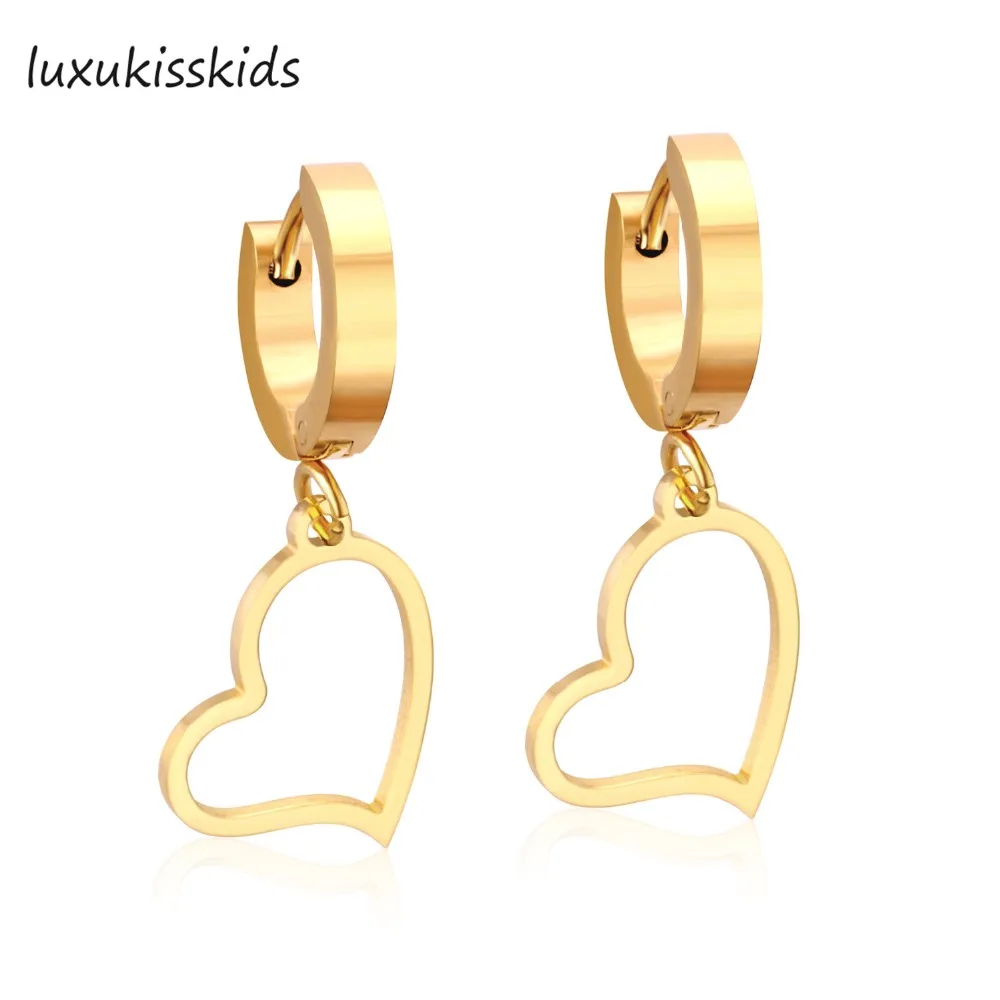 

LUXUKISSKIDS Heart Dangle Earring Gold/Silver color Earrings Stainless Steel Drop Earrings For Women Jewelry Brinco