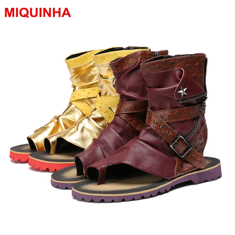 

MIQUINHA Flip Flop Metallic Color Men Summer Sandals Casual Flats Beach Shoes Zipper Design Metal Embellished Cool Buckle Design