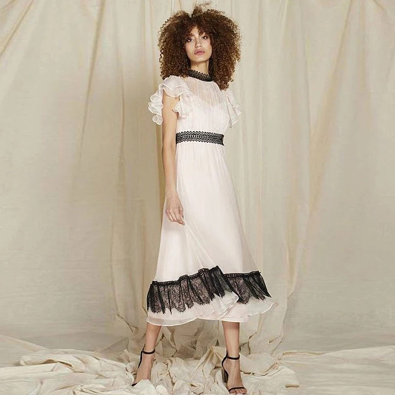

Long Dress Milan Runway High Quality Summer New Women'S Fashion Party Work Sexy Vintage Elegant Chic Lace White Chiffon Dresses
