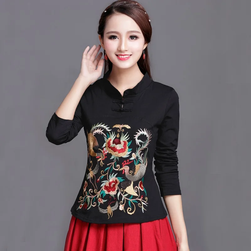 Одежда в китайском стиле, женская черная винтажная рубашка с вышивкой в народном стиле ретро, женская блуза, весенние женские китайские Топы TA1372