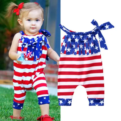 

Summer Newborn Baby Girls American Flag Print Rompers National day 4th July