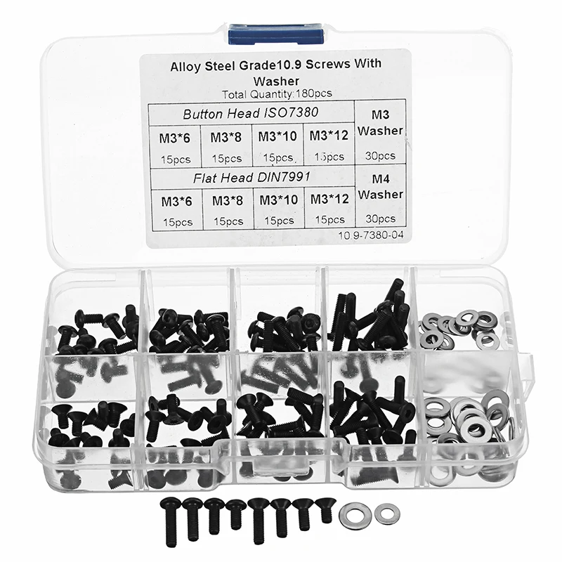 

180pcs/set M3x6/8/10/12mm Carbon Steel Hex Socket Flat Head Button Head Screws M3/M4 Flat Washers Assortment