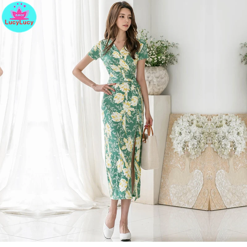 

2019 Summer New Style Thin Retro Printed Dresses Thin One Wrap Holiday Dress Regular Ankle-Length V-Neck Sheath