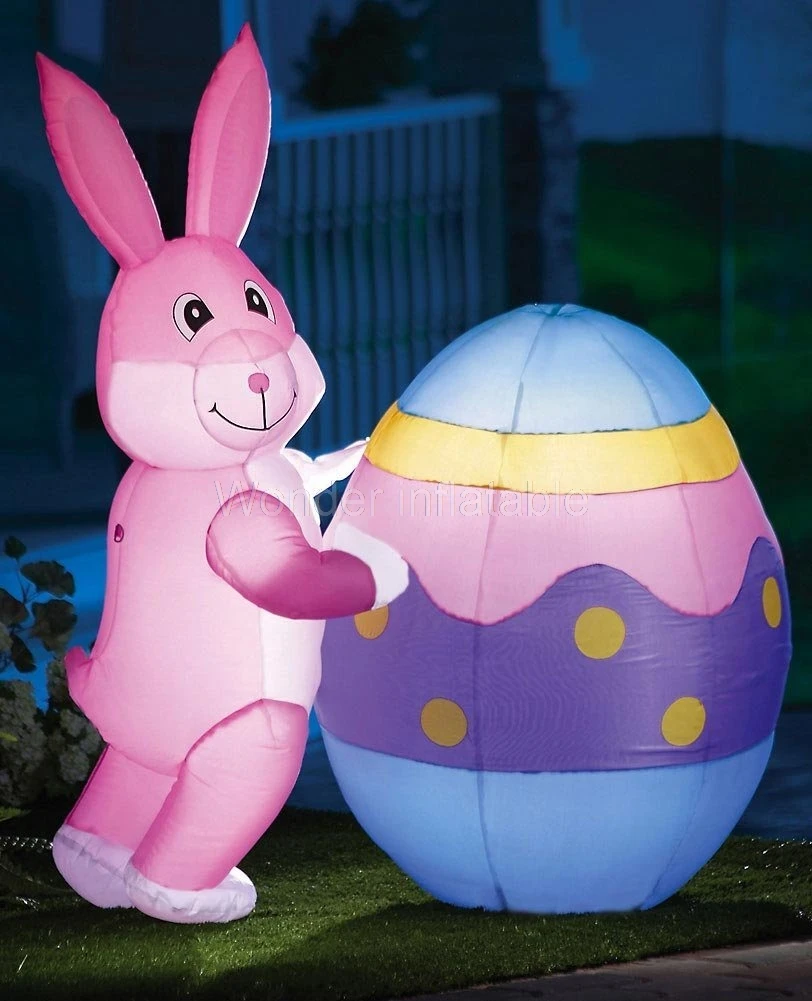 Giant Inflatable Easter Bunny Pushing Eggs With Led Lights For