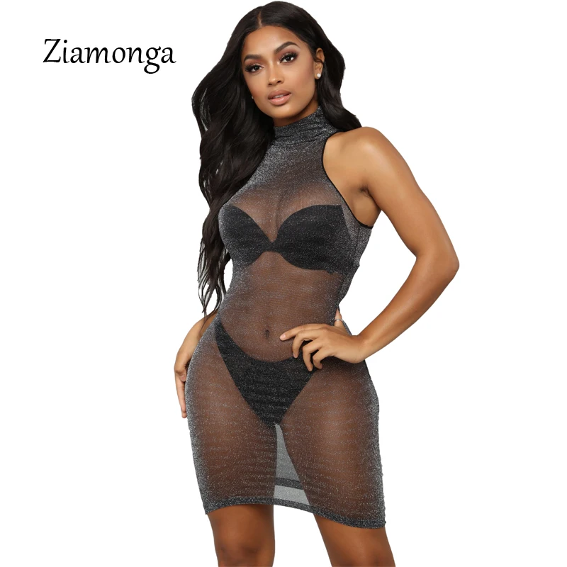 

Ziamonga Sexy Gold Silver Sleeveless Mesh Hollow Out Turtleneck Bodycon Dress 2019 Women Summer Mini Dress Party Club Female