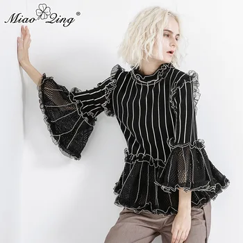 

MIAOQING Striped Ruffles Blouse Tops Female Stand Collar Flare Sleeve Patchwork Mesh Hollow Out Knitted White Black Blouses 2019