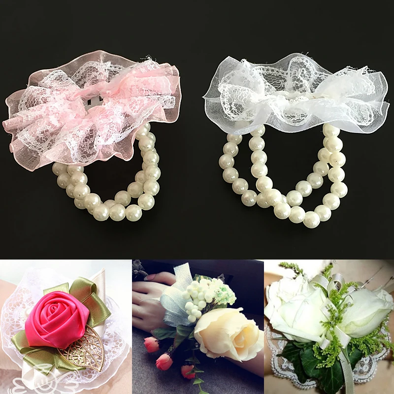 

Wedding Pearl Wrist Flower Bangle Bracelet Bridesmaid Artificial Hand Flowers Bridal Wristband Women Party Accessories