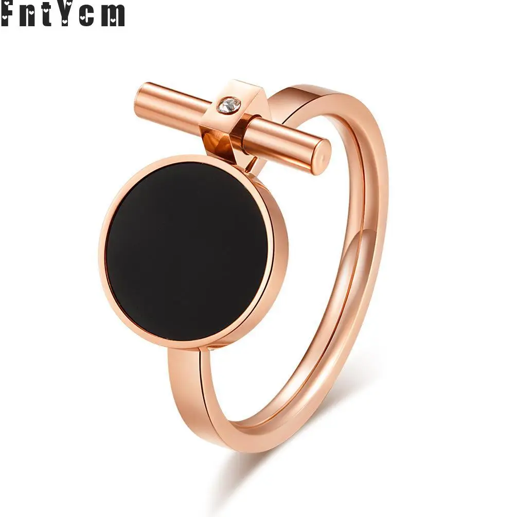 

Fashion Personality Rose Gold Wedding Girls Mood Rings For Women Black Silicone Stainless Steel Ring Anel Feminino Ring size 5