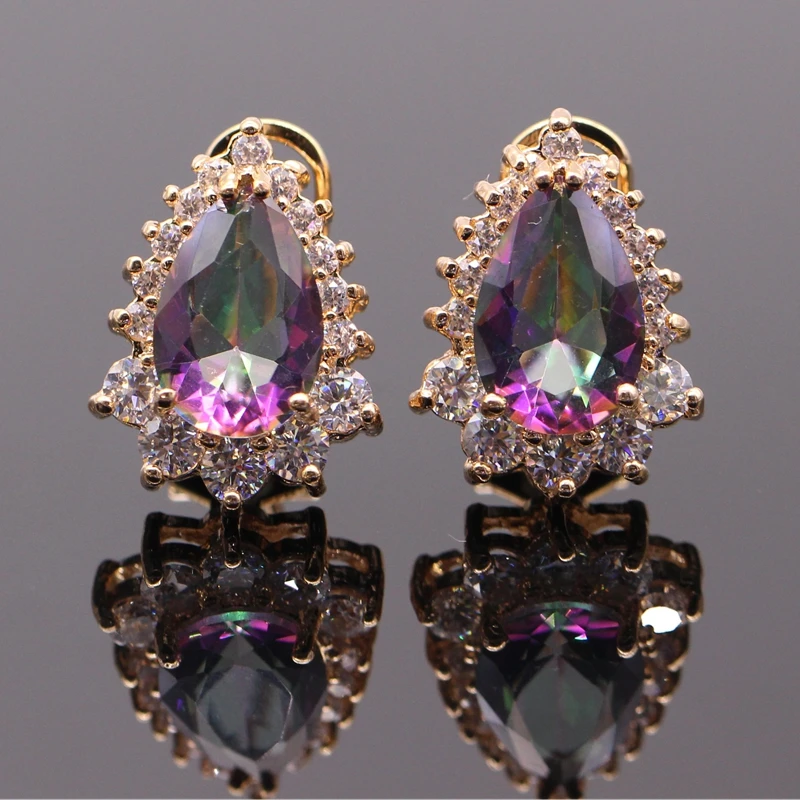 

GZJY Fashion Jewelry Water Drop Rainbow AAA Cubic Zircon Champagne Gold Color Earrings For Women CZ Brincos Birthday Gift