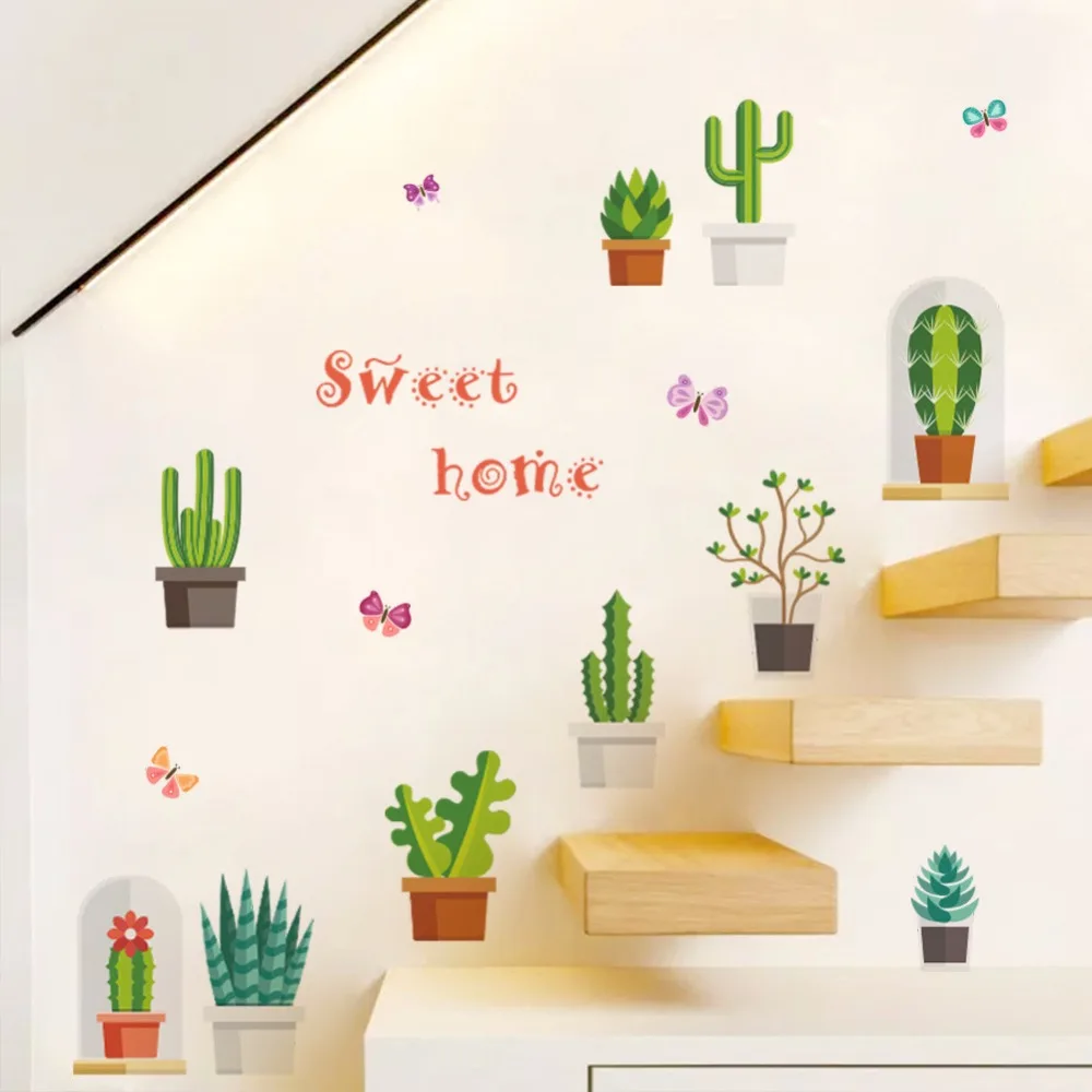 Cactus Potted Plant Wall Stickers for Kids room Living room Bedroom