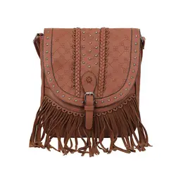 Модные богемные для женщин сумка тканые кисточкой Crossbody Кошелек из искусственной кожи седельная в европейском стиле заклепки курьерские