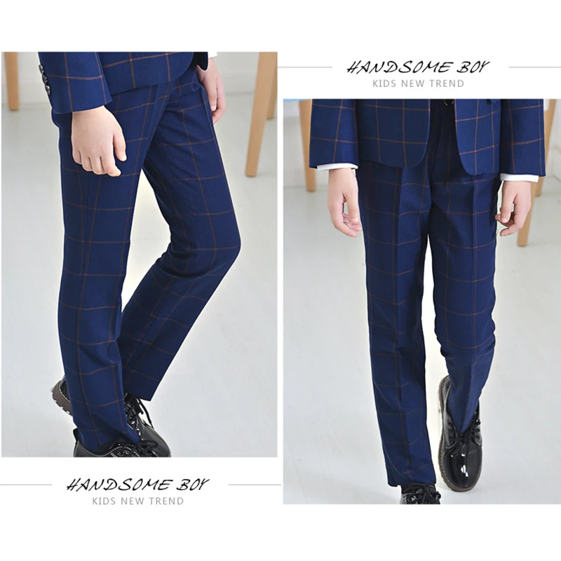 

Figwit Kids Teenage Boy Formal Suit Pant Clothes Autumn Spring for Age 4 to 14 Years Zipper Fly Straight Plaid Blue Long Pants
