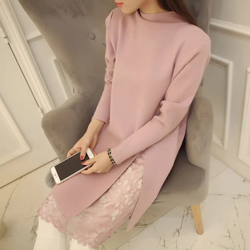 

2017 New Winter Bud Silk Joining Together Split Sweater Long Backing Turtleneck Sweater Dress
