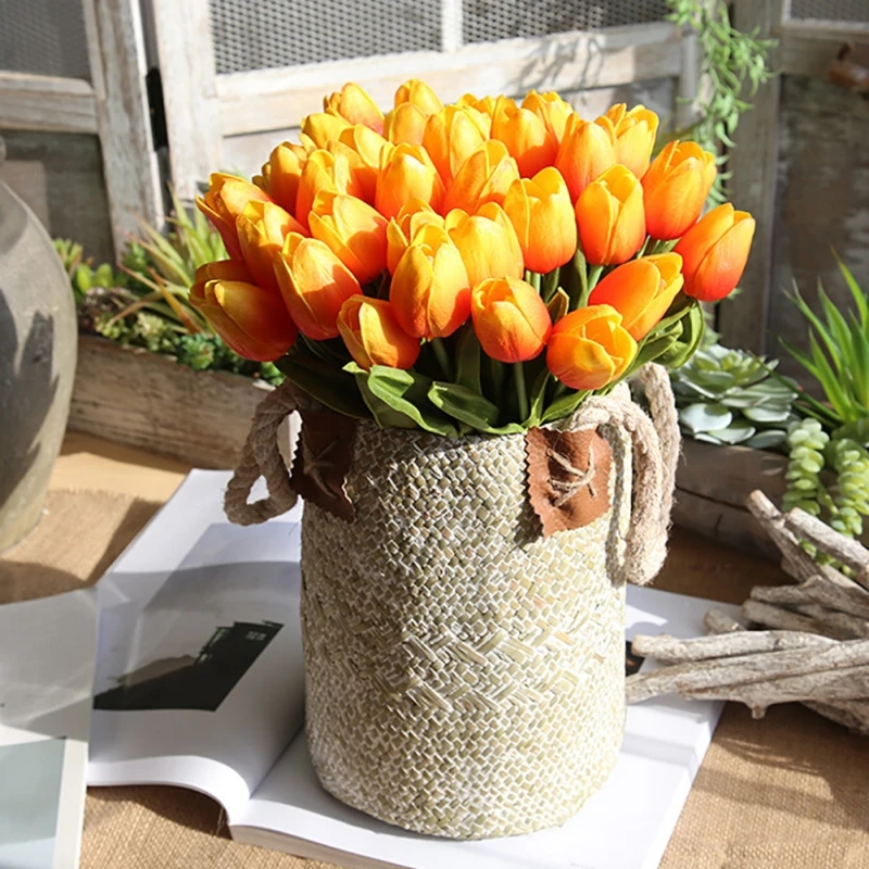 

21PCS/LOT Pu Mini Tulip Flower Real Touch Wedding Flower Bouquet Artificial Silk Flowers For Home Party Decoration