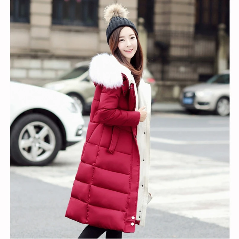 Best 2017 NEW WOMEN WINTER JACKET MEDIUM LENGTH FUR COLLAR HOODED COAT THICKEN WARM FEMALE PARKAS COTTON PADDED HOT SALE ZL474