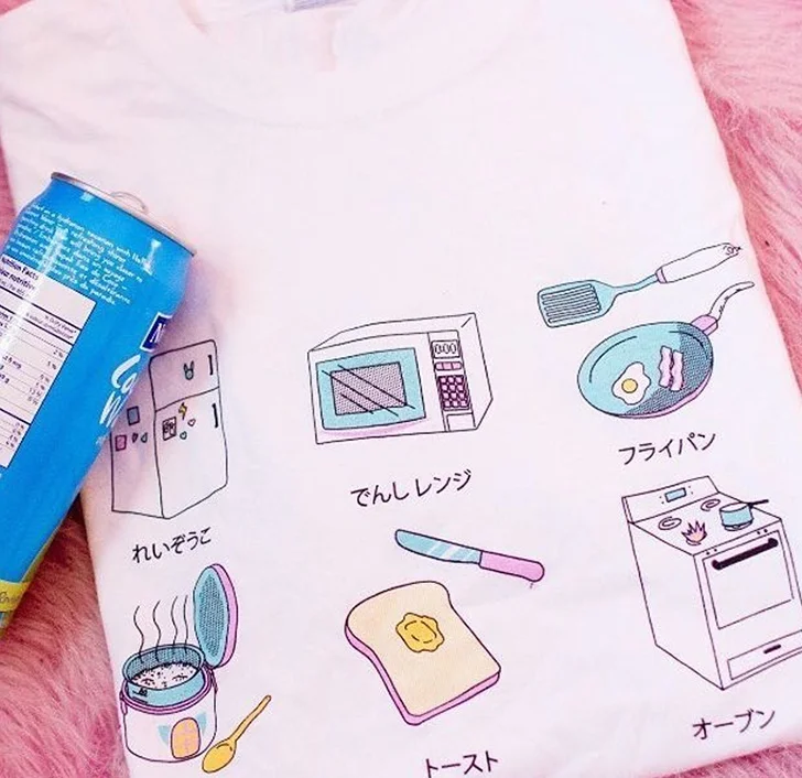 

kuakuayu HJN Japanese Fashion Kawaii Kitchenware Print T-Shirt Harajuku Style Cute Graphic Tee 90s Anime Top