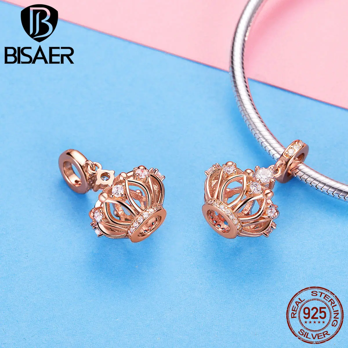 

BISAER 925 Sterling Silver 3D Royal Crown Pendant for Women Original Charm Bracelet and Necklace Rose Gold Color Jewelry GXC1121