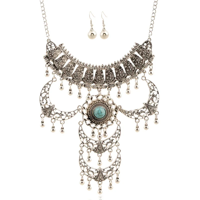 

Bohemia Blue Stone Necklaces Vintage Hollow Maxi Jewelry 2019 Trendy Bead Pendant Carving Statement Women Plated Necklace