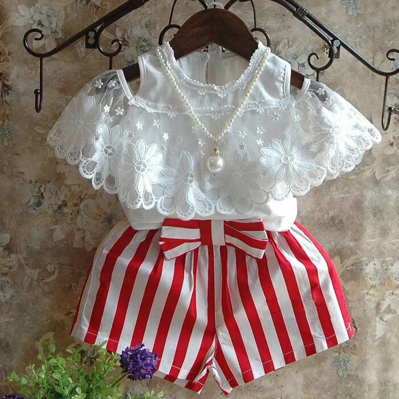 Big Cow Girls Clothing Sets Summer Fashion Baby Girl Clothes Lace Cotton Straplress Shirt+Striped Shorts 2Pcssets Girls Outfits (3)
