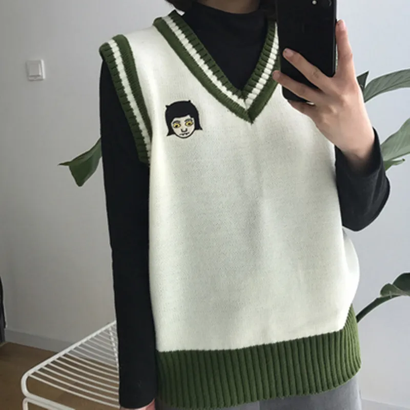 

2 colors 2017 spring and autumn korean style Embroidery cartoon sweater V-neck vests womens (A9341)